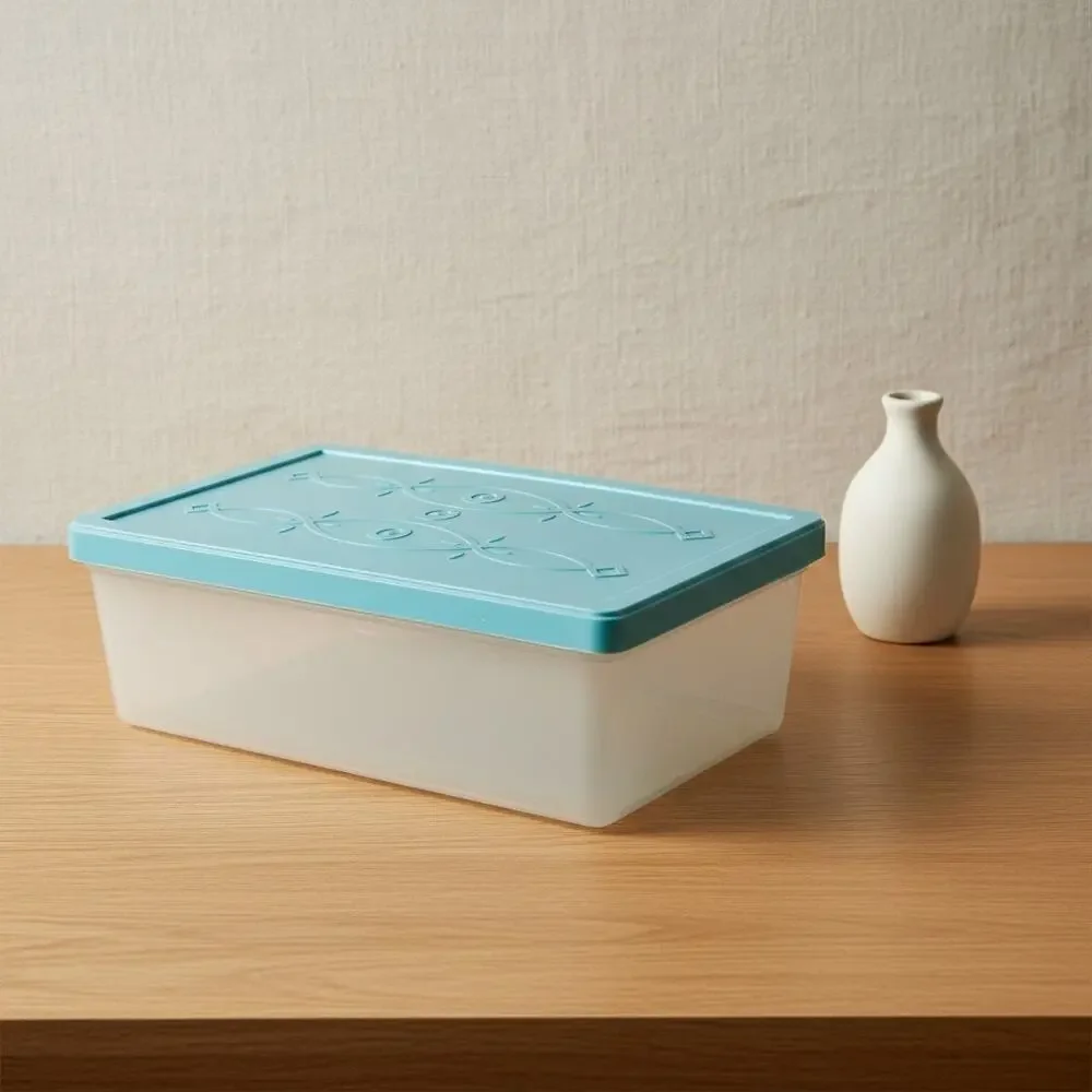Vintage Mid Century Plastic Storage Box-Teal Lid-Organizer-Sewing-Craft-Kitchen